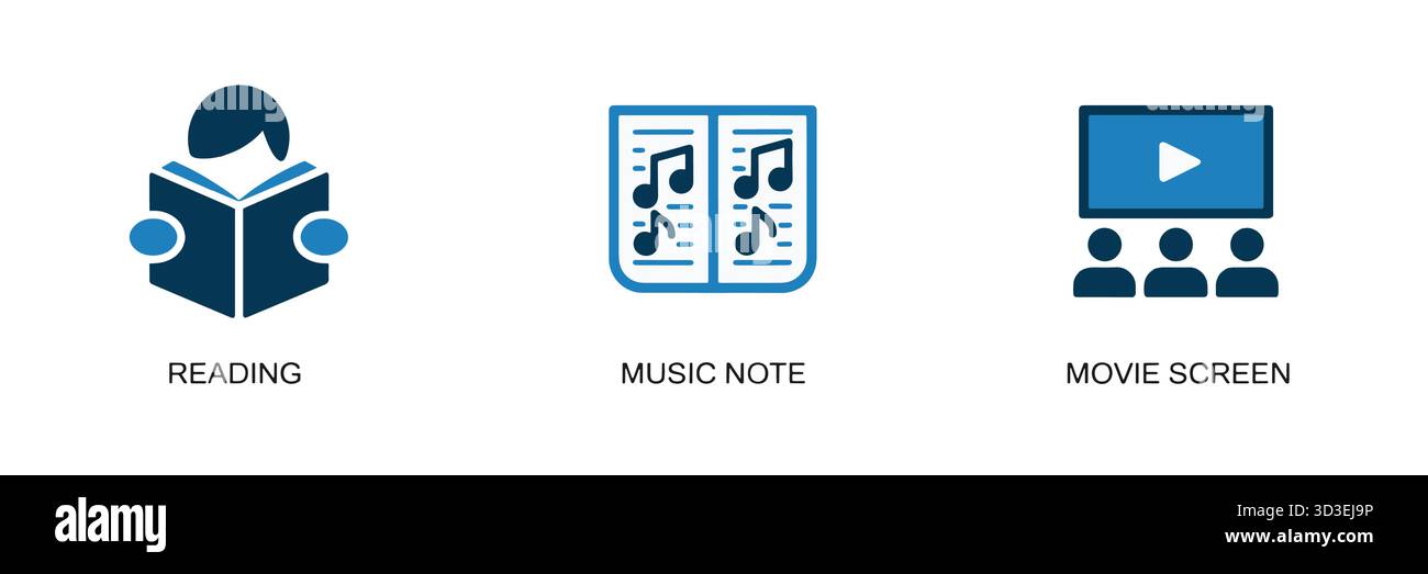 Lesen von Musik und Filmen Ikonographie für Bildungs- und Unterhaltungskonzepte Stock Vektor