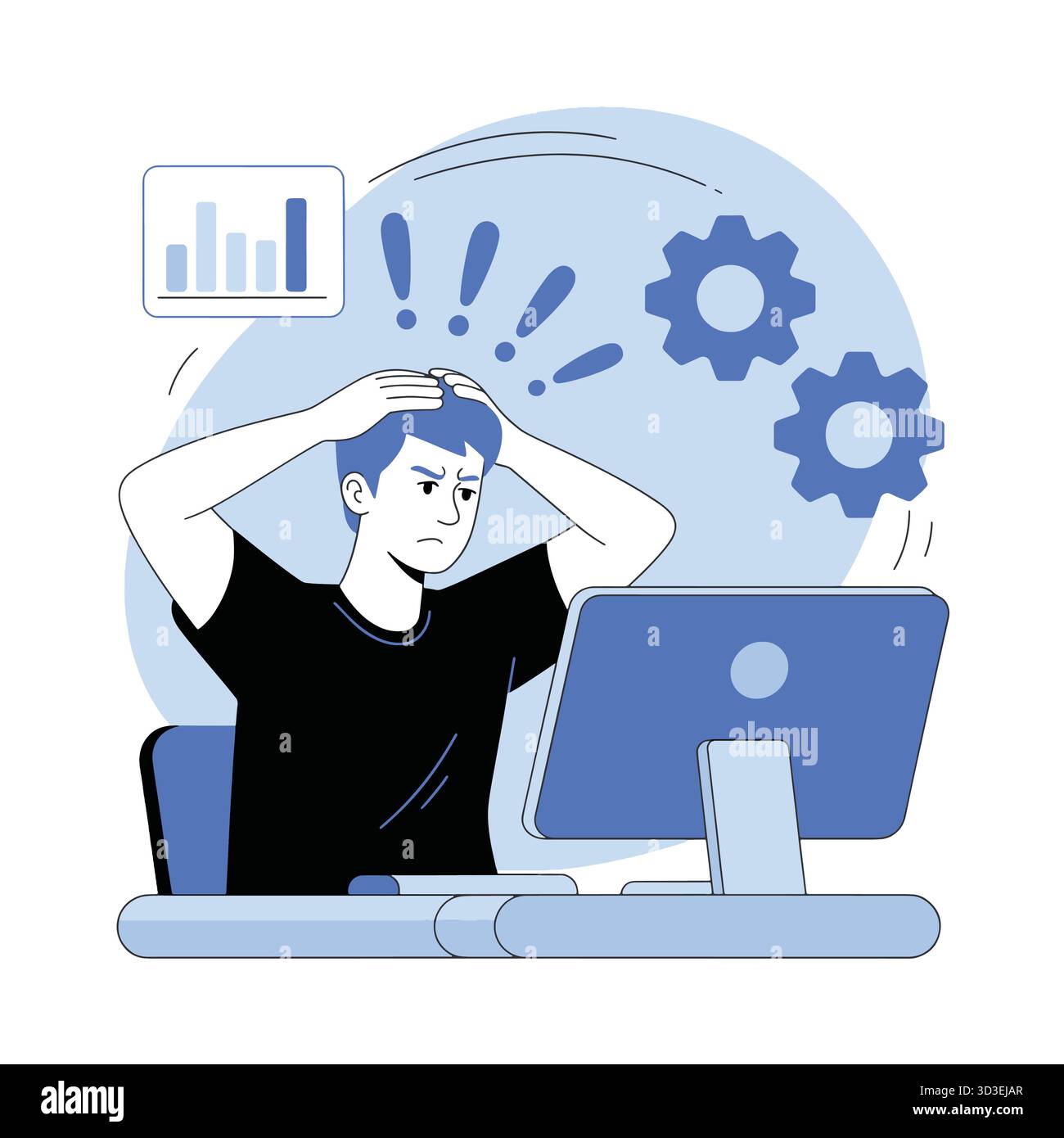 Frustrierter Entwickler vor dem Computer mit Grafik und Zahnrädern Stock Vektor