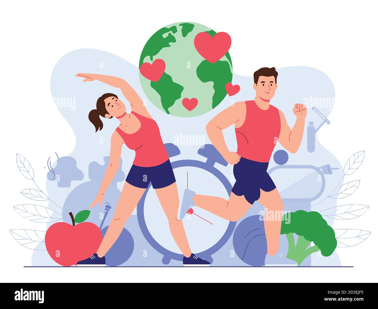 Gesunder Lebensstil mit Bewegung ausgewogene Ernährung und Liebe zum Planeten Stock Vektor