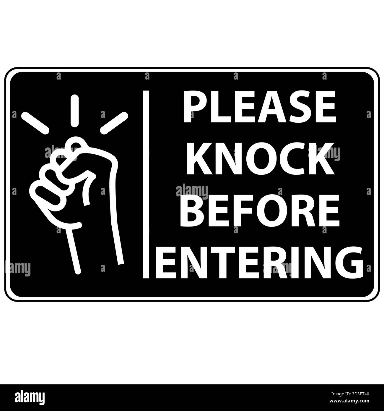Bitte klopfen Sie vor dem Betreten. Bitte klopfen Sie laut an das Türschild. Bitte das Symbol klopfen. Bitte klopfen Sie das Schild, das in Häusern, Büros und Industrieunternehmen verwendet wird. Stockfoto