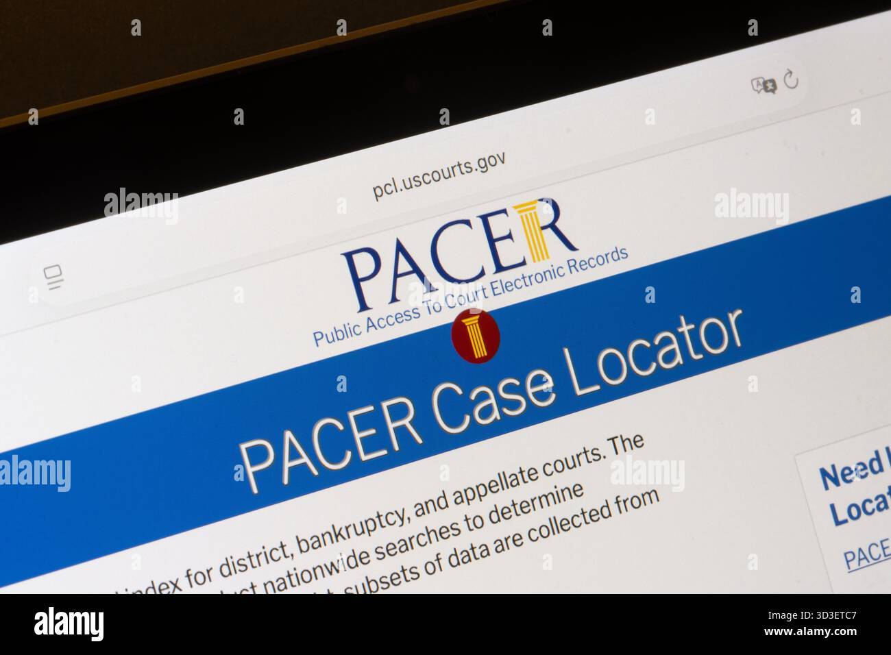 Website von PACER (Public Access to Court Electronic Records) Case Locator, einem nationalen Index für Bezirks-, Insolvenz- und Berufungsgerichte. Stockfoto