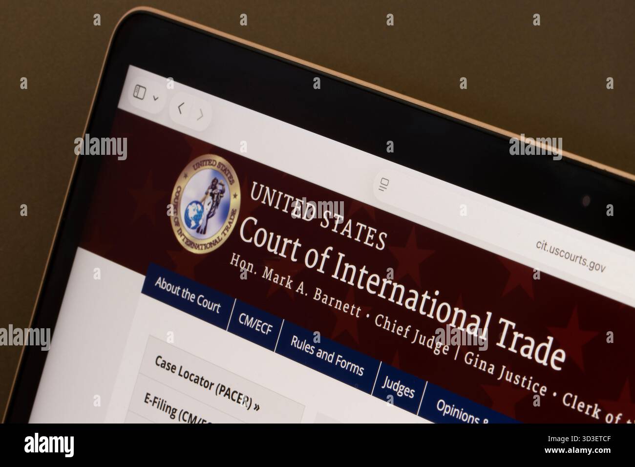 Homepage des US Court of International Trade, eines Bundesgerichts, das Zivilklagen aufgrund von Zoll- und internationalen Handelsgesetzen entscheidet. Stockfoto