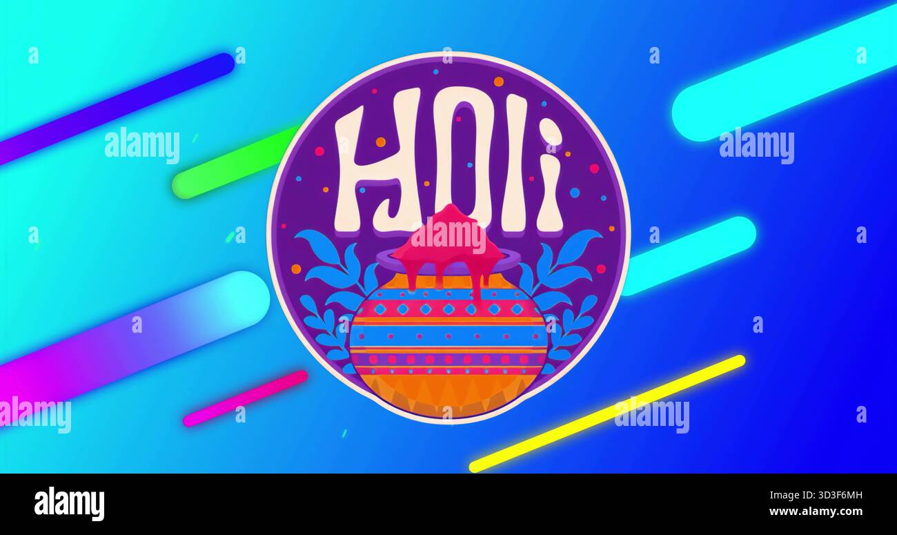 Mit kreisförmigem Holi-Emblem über blauem Hintergrund mit erdfarbenem Topf, der Pulver abgibt, und Neonstäben Stockfoto