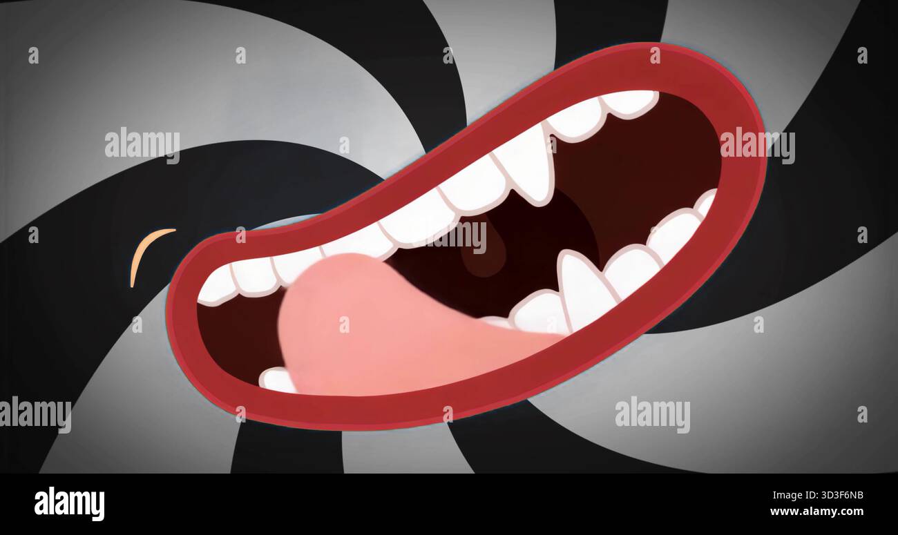 Schwebender, roter Mund mit weißen Fingern und rosafarbener Zunge vor spiralförmigem Hintergrund Stockfoto