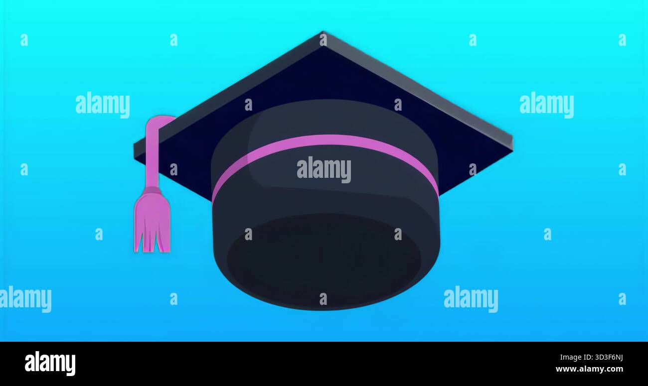 Schwimmende dunkelmarineblaue Mortarboard Graduierung Kappe über verlaufendem Hintergrund, mit rosa Band und Quaste Stockfoto