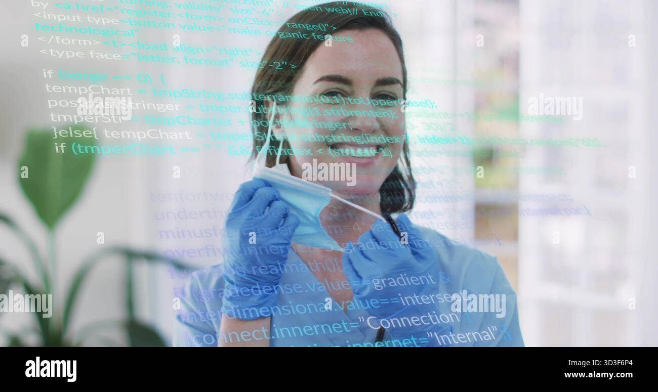 Entfernen der Frau in blauen Peelings, Einstellen der blauen chirurgischen Maske im Klinikempfang, mit Code-Overlay Stockfoto