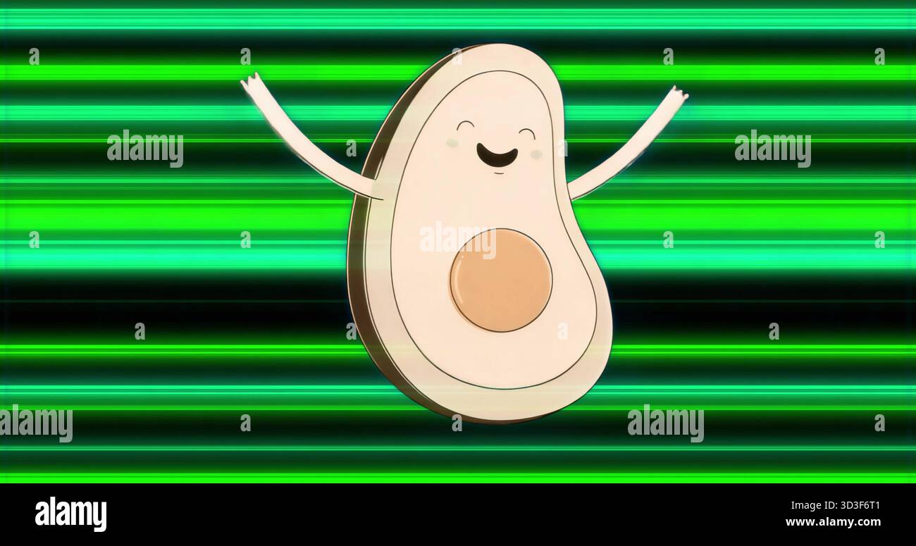 Die Avocado-Cartoon-Avocado-Hälfte hebt die Arme gegen neongrüne und schwarze Streifen, mit rundem Samen Stockfoto