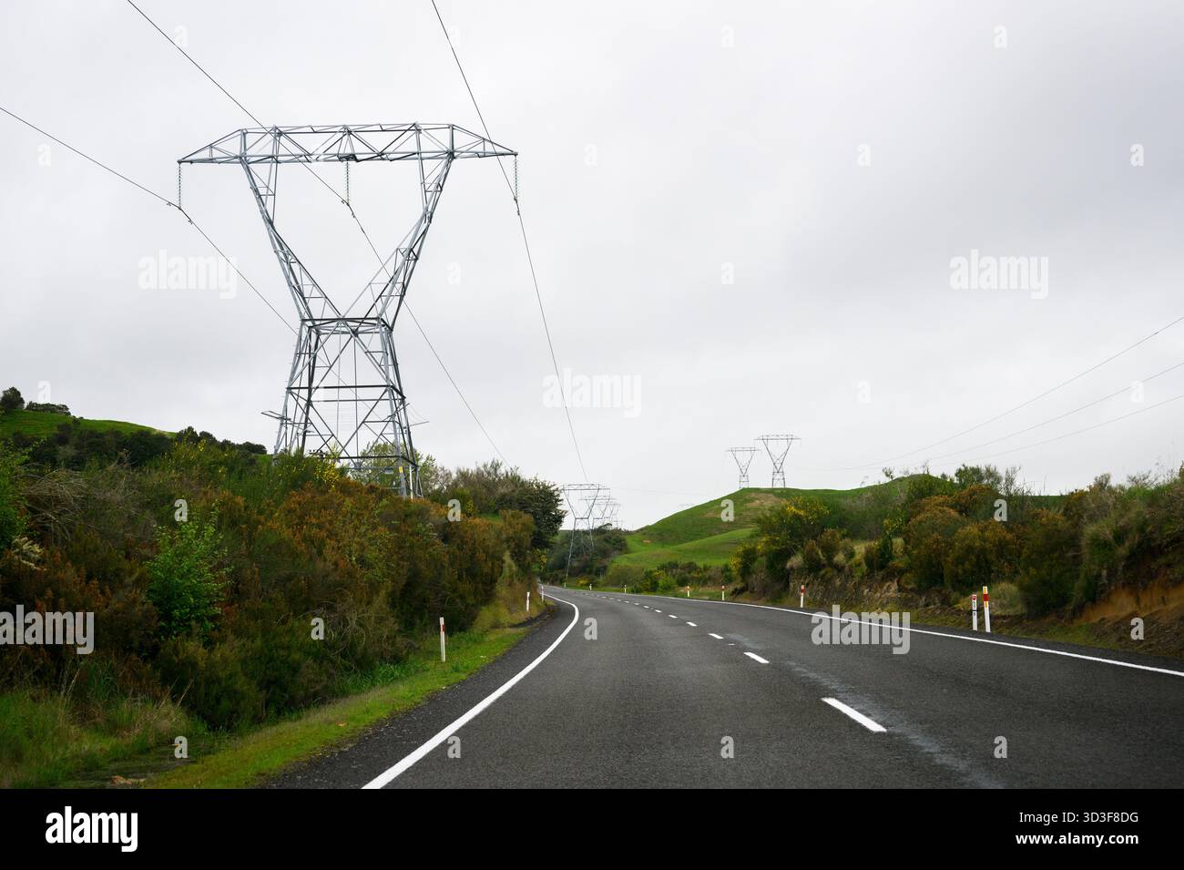Strommasten und Stromkabel entlang einer kurvenreichen Landstraße. Nordinsel. Neuseeland. Stockfoto