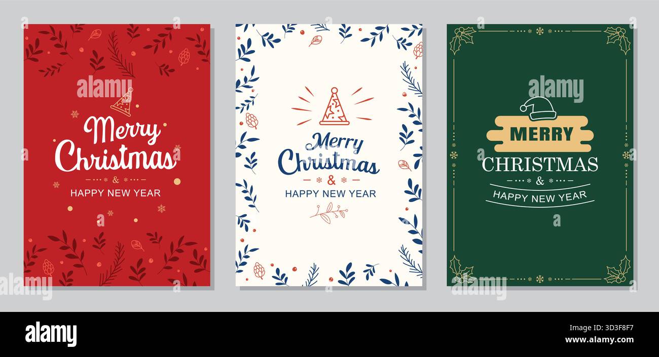 Design-Vorlagen-Set für Grußkarten für frohe weihnachten und glückliches neues Jahr. Stock Vektor