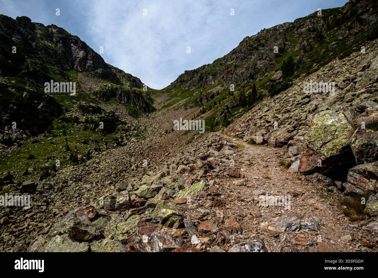 Felsiger Bergweg in den Lagorai-Bergen im Trentino, der sich durch steile Klippen und grüne Hänge unter einem bewölkten Sommerhimmel schlängelt. Wilde Wildnis Stockfoto