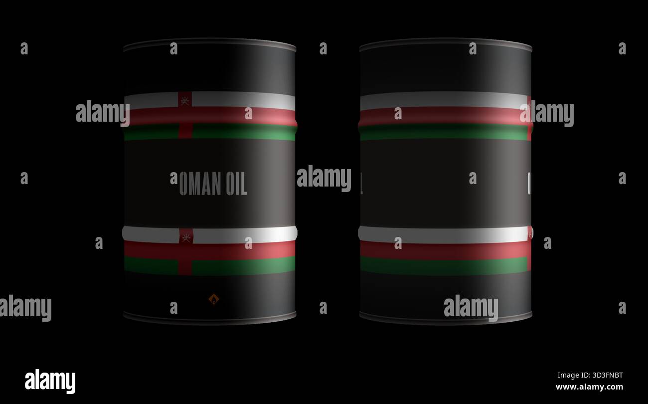 Oman-Öl-Rohölfässer in Row-Konzept. Omanische Benzinindustrie und Industriecontainer zur Kraftstoffgewinnung 3D-Abbildung. Stockfoto