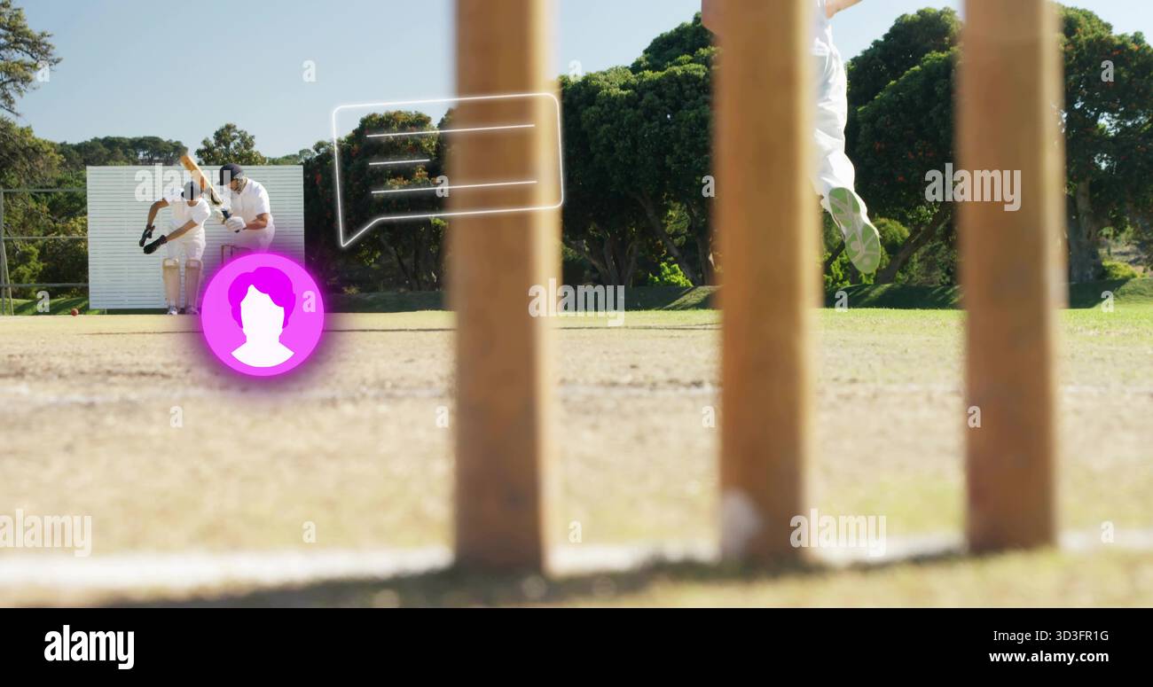 Schaukelnder Batsman mit Blick auf den Wicketkeeper auf dem Cricketfeld, mit Stümpfen, Sprachüberlagerung und Avatarsymbol Stockfoto