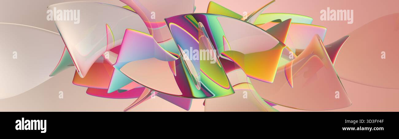 Dynamische abstrakte Komposition mit lebendigen geometrischen Formen und futuristischem Thema. Brillante Farben und transparente Schichten sorgen für ein Gefühl von Tiefe Stockfoto