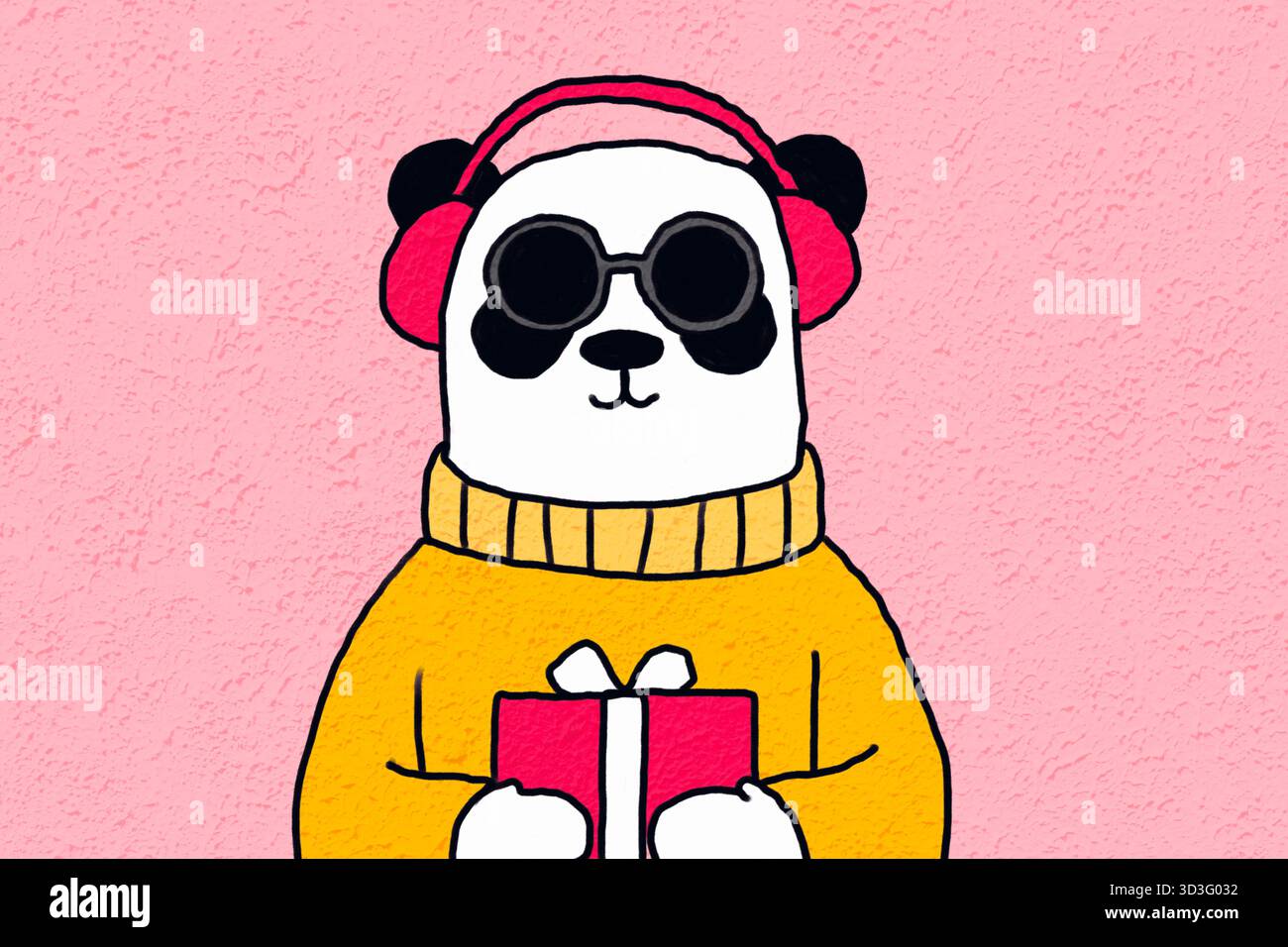 Ein trendiger Pandabär trägt rote Kopfhörer und Sonnenbrille, trägt einen gelben Pullover und hält ein Geschenk. Die spielerische Illustration ist wieder eingestellt Stockfoto