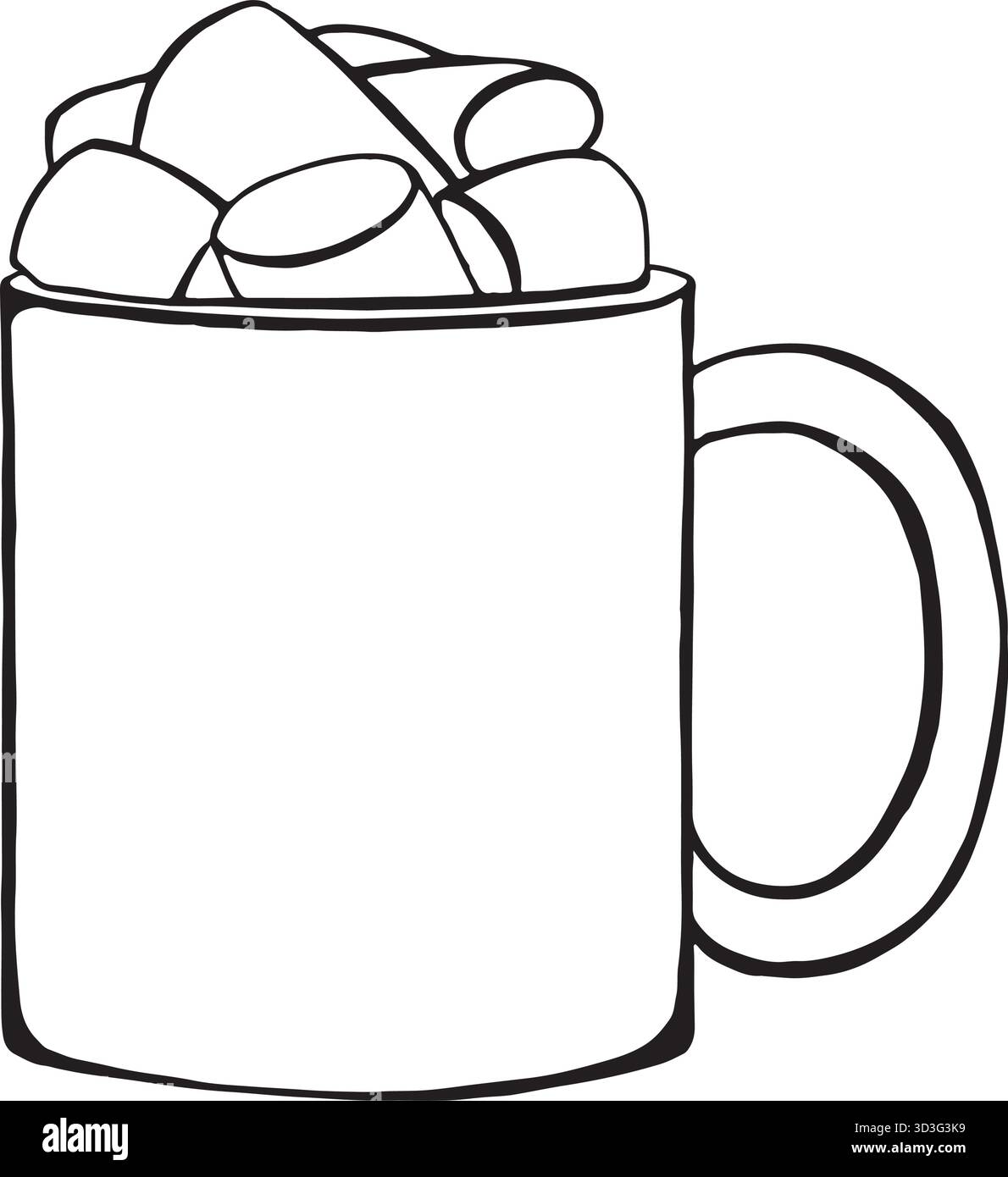 Vektorillustration eines Kakaobechers mit Marshmallows. Grafische Schwarzweißzeichnung, die von Hand mit Tinte gezeichnet wurde. Geeignet für Weihnachtskartendesign, Winter Stock Vektor