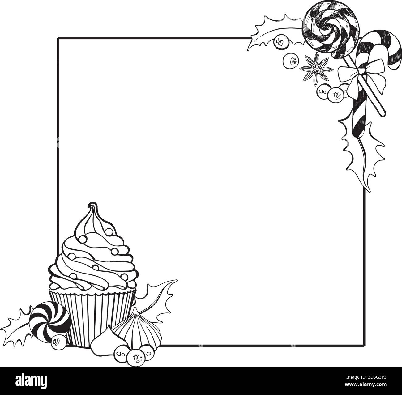 Vektorabbildung. Quadratischer Rahmen mit Weihnachtsbonbons dekoriert. Cupcakes, Lollipops, Baisons, Beeren und stechpalmenblätter werden von Hand gezeichnet. Für Design Stock Vektor
