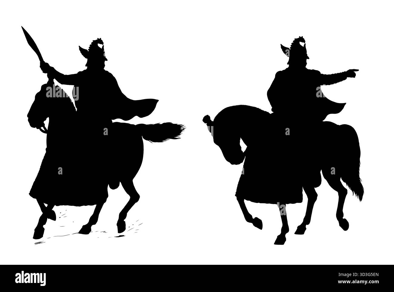 Schwer bewaffneter Fahrer. Silhouettenzeichnung der alten und mittelalterlichen Kavallerie. Stockfoto