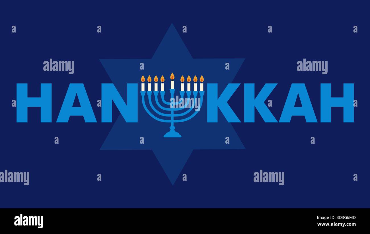 Happy Hanukkah Schriftbanner mit Menora. Modernes Design für traditionelle jüdische Feiertage. Typographie mit Hanukkah-Menora-Illustration. Vektor Stock Vektor