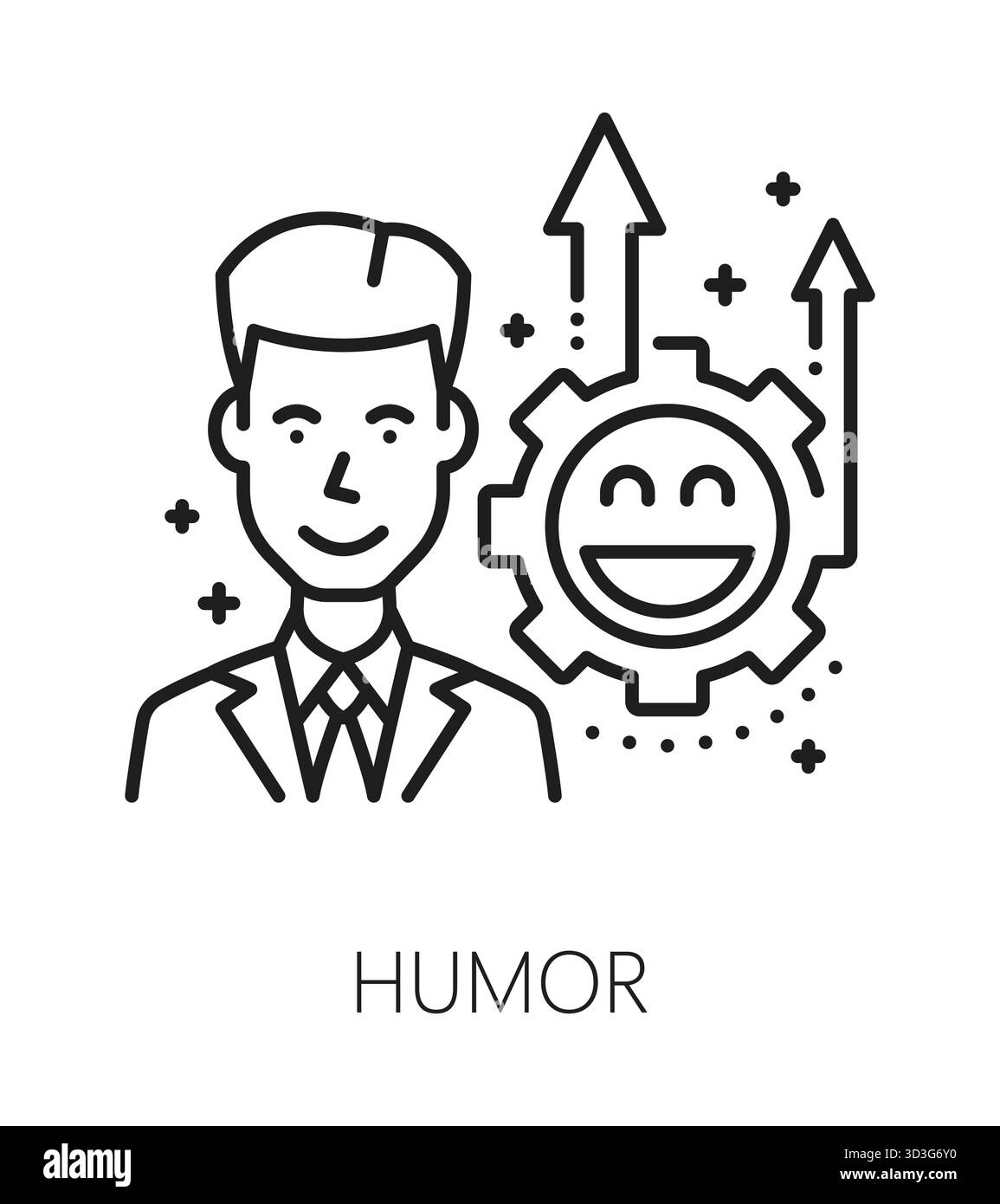 Symbol oder Symbol für Humor Life Skills. Persönlichkeit Humor Fähigkeit lineares Vektorsymbol, Menschen potentielles Zeichen. Piktogramm für persönliche Qualität oder Symbol für Lebensfähigkeiten mit fröhlichem Charakter des Mannes Stock Vektor