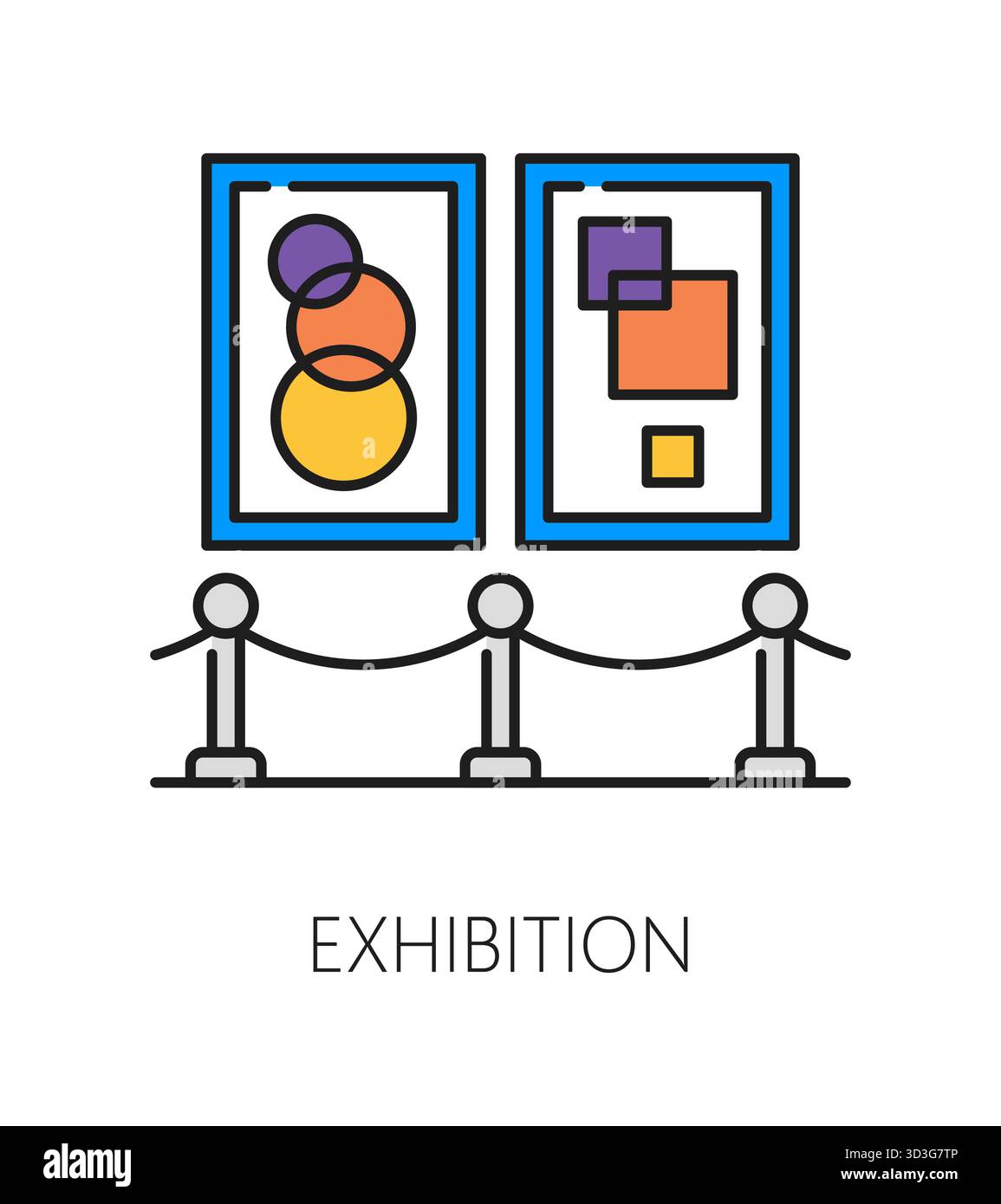 Museum und Kunstgalerie und Gemälde Ausstellung Farblinie Icon Meisterwerke, Vektorpiktogramm. Museumskünstlerbilder und Kunstgalerie mit antiken Gemälden oder Meisterwerken antiker Kunstwerke Stock Vektor