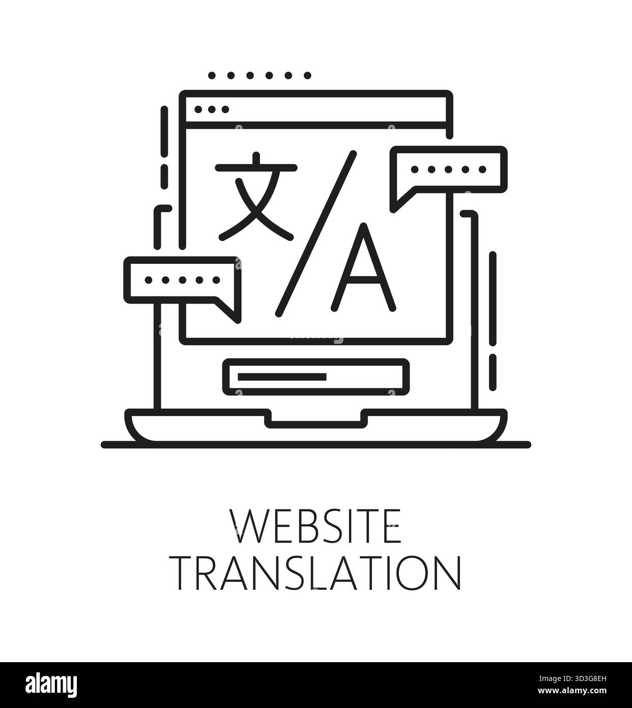 Symbol oder Piktogramm für die Übersetzung der Website in englischer Sprache. Sprachvokabular lineares Vektorsymbol, englische Übersetzung Online-Service-Symbol. Piktogramm für Fremdsprachwörterbuch mit Laptop-Bildschirm Stock Vektor