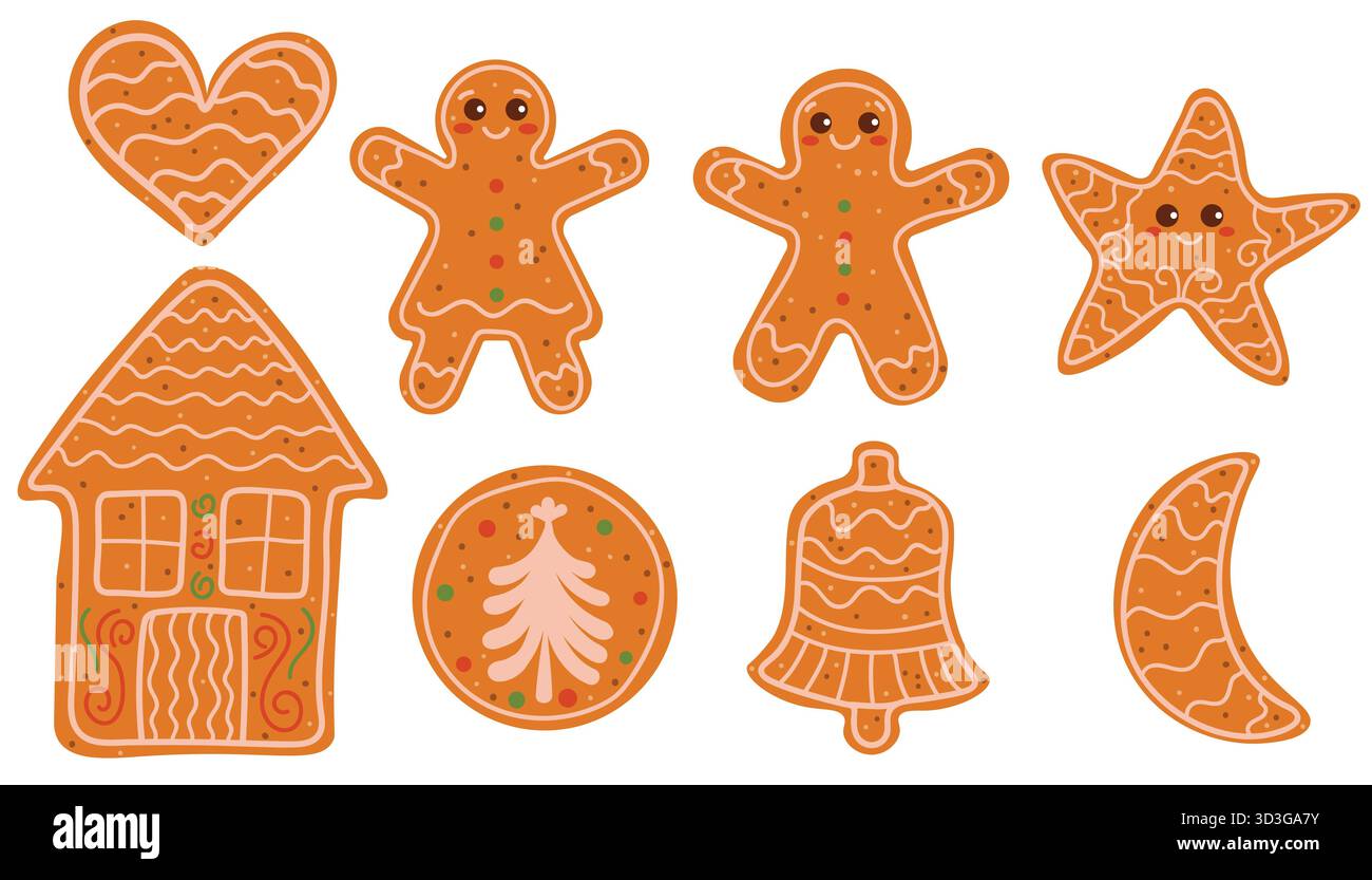 Nettes flaches Zeichentrickset von Weihnachten Lebkuchenkekse Set mit Haus, Stern, Herz, Mann, Frau, Glocke, Sichel, runder Keks mit Fichtenbaum für Wint Stock Vektor