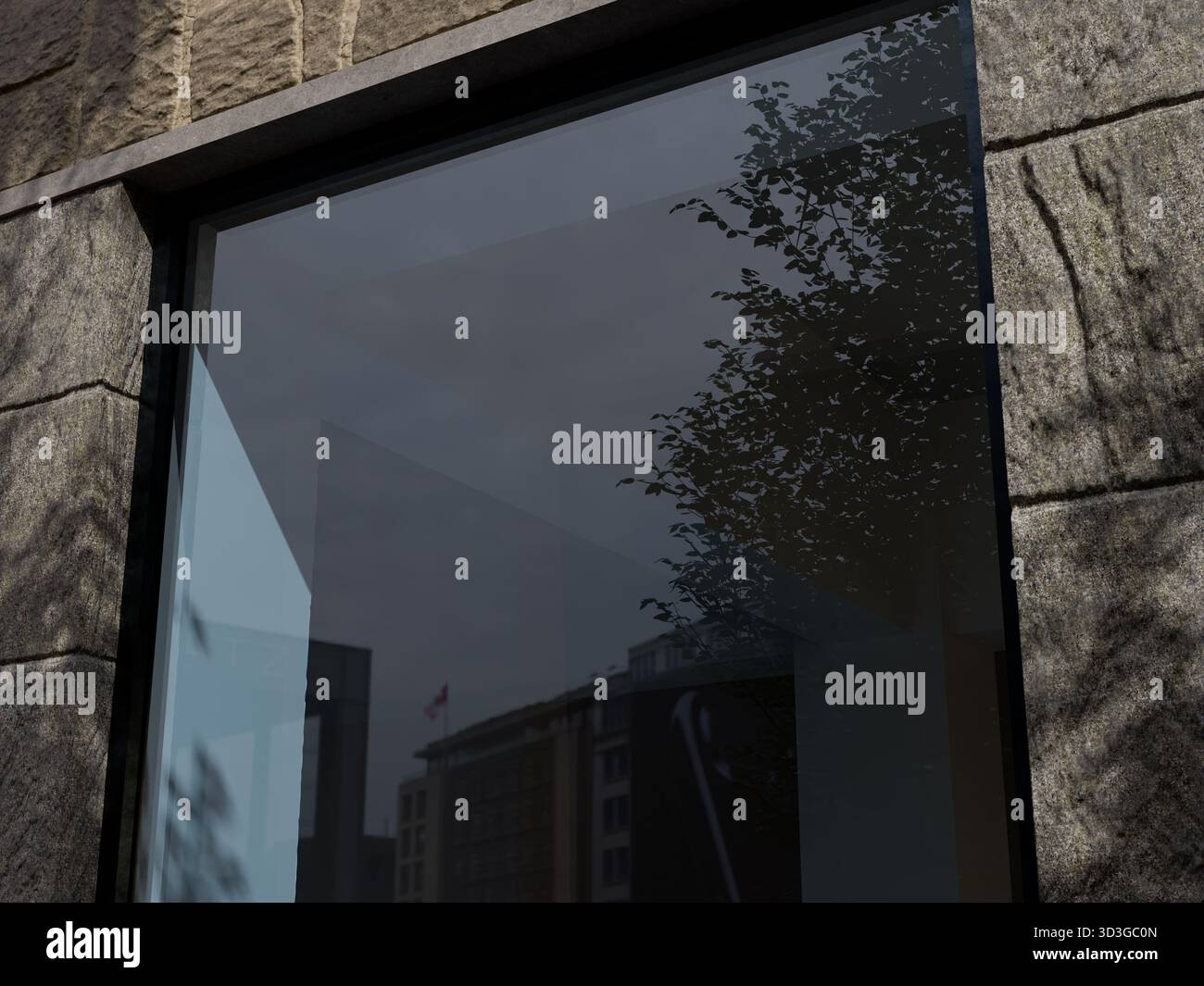 Glasaufkleber Im Schaufenster Mit Urban Street Reflections Stockfoto