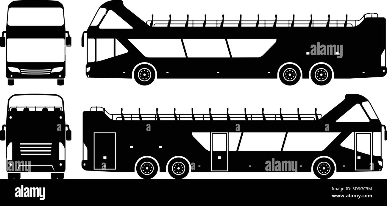 Die Silhouetten des Hop-on-Hop-off-Busses zeigen Vorder-, Seiten- und Rückansicht. Einfache Silhouette Vektorillustration für einfache Verwendung in Konstruktionsprojekten. Stock Vektor