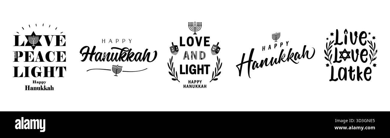 Happy Hanukkah Schriftzug kreatives Urlaubsset. Modernes Typografie-Design für traditionelle jüdische Feiertage Hanukka mit Menora-Kerzenleuchter. Vektorsymbole Stock Vektor