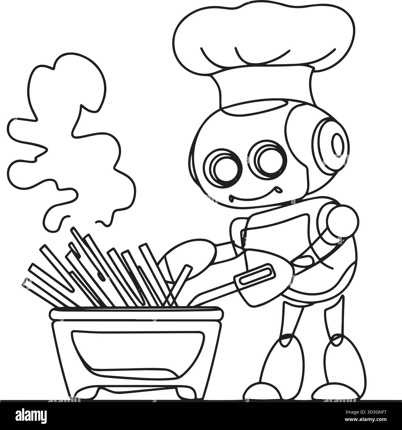 Futuristischer Roboter, der Lebensmittel in der Küche mit fortschrittlichen Kochwerkzeugen zubereitet. Stock Vektor