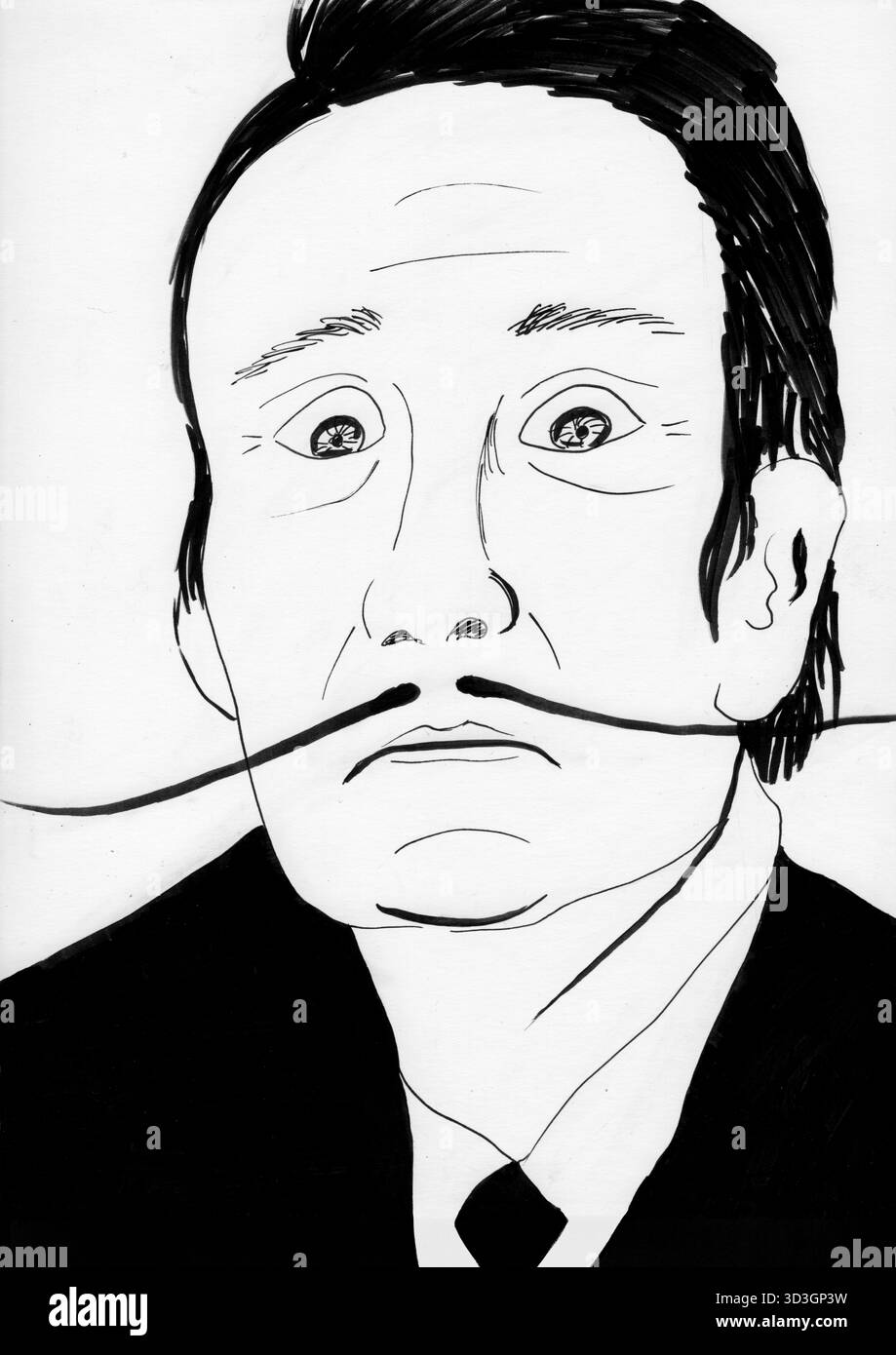 Minimales schwarzes Porträt von Salvador Dalí. Scharfe Linien und klare Kontraste unterstreichen seine surreale Ausstrahlung und zeitlose Exzentrik. Stockfoto