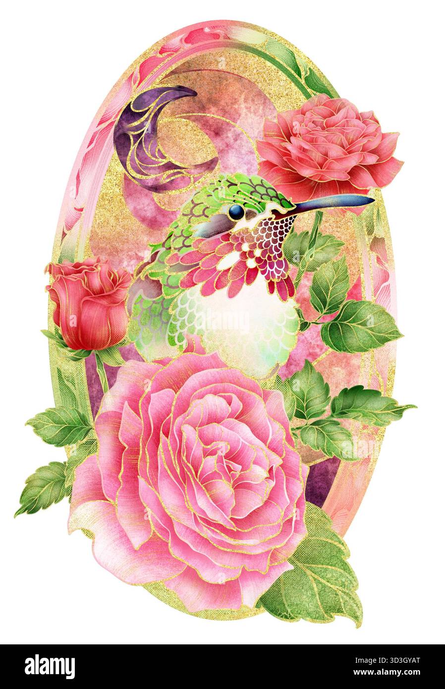 Goldener Kolibri unter Rosen – Symbol für Liebe, Licht und Transformation Stockfoto