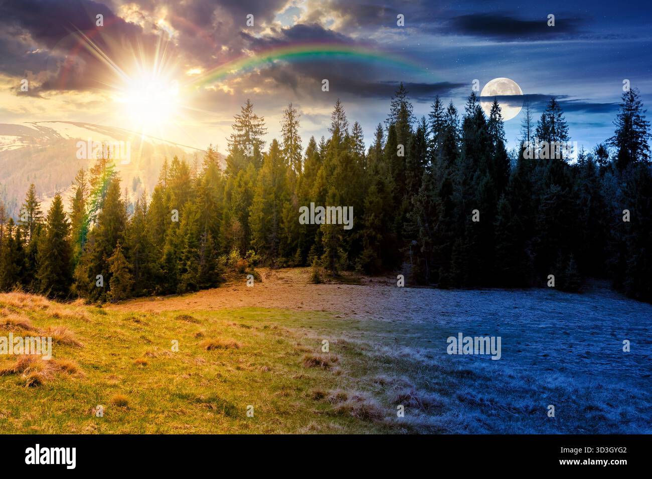 Berglandschaft mit Fichtenwald an Frühlings-Tagundnachtgleiche. Tag- und Nachtzeitwechsel. Grüne Wiese auf dem Hügel mit Sonne und Mond. Entfernter Bereich Stockfoto