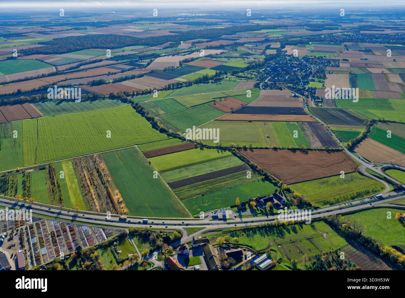 Aus der Vogelperspektive sehen Sie ein Flickenteppich aus lebhaften landwirtschaftlichen Feldern, die im Kontrast zum dunkelgrünen Wald stehen und von einer modernen Autobahn, Rouffac, geteilt werden Stockfoto