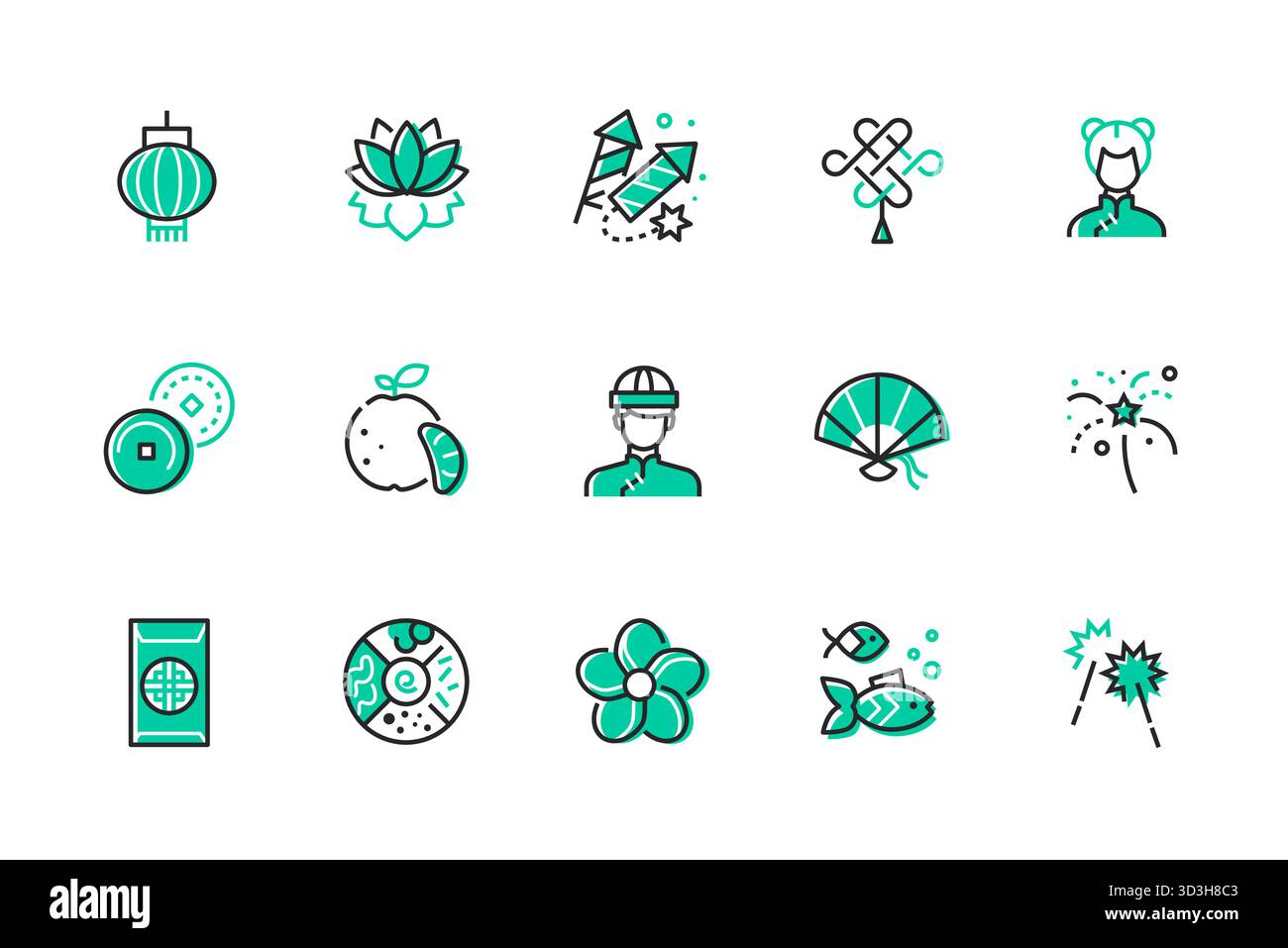 Chinesisches Neujahr – Set mit Ikonen im Liniendesign Stock Vektor