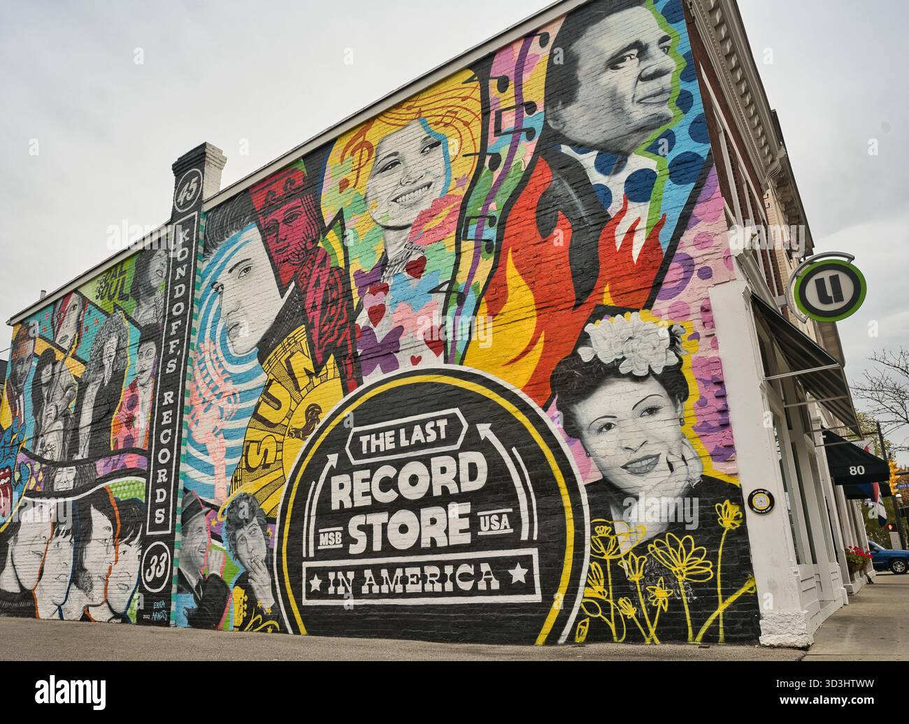 Das letzte Plattenladen in Amerika Wandgemälde in der Innenstadt von Miamisburg, Ohio. USA 2025. Das Gebäude war Kondoffs Rekord bis in die 1970er Jahre Stockfoto