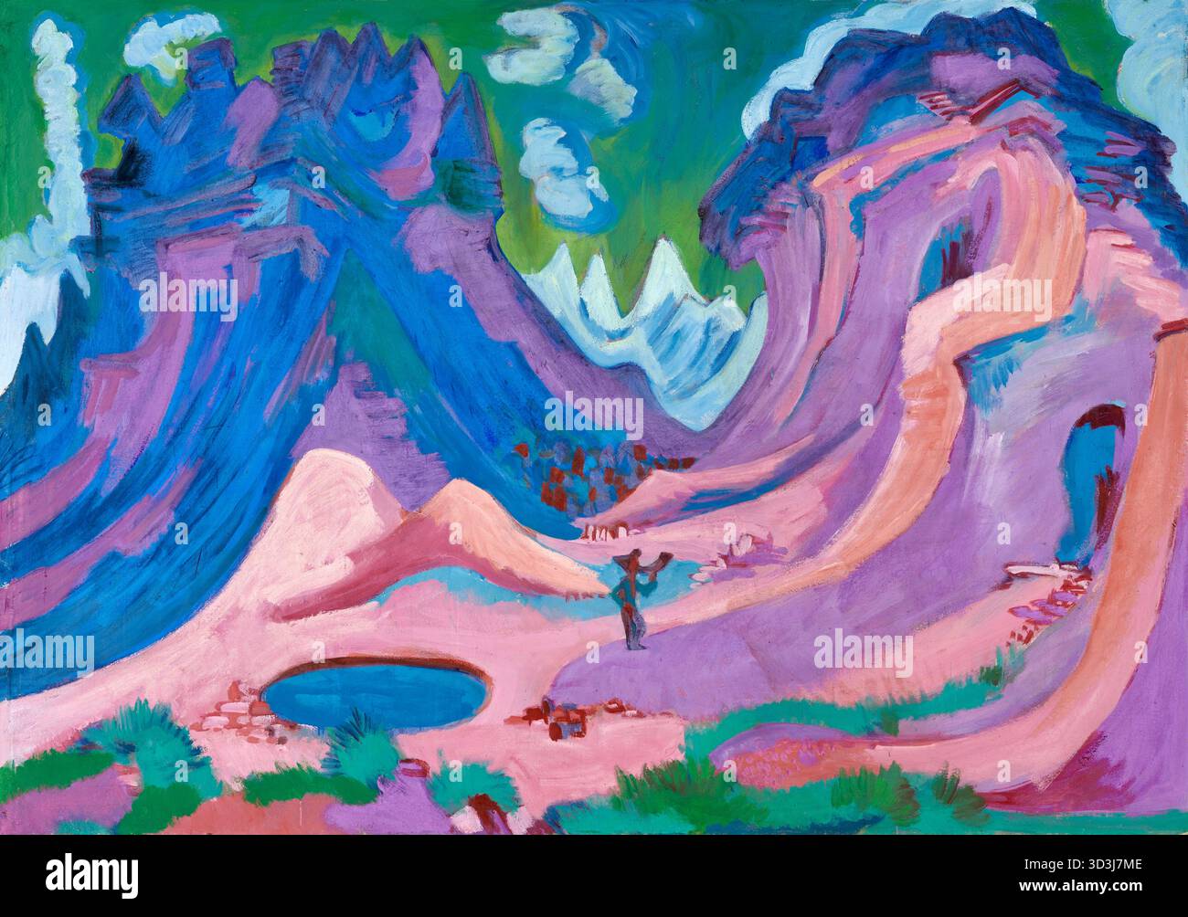 Ernst Ludwig Kirchner - Amselfluh - 1922 - es ist ein Landschaftsgemälde des Amselfluh-Berges in der Nähe von Davos in der Schweiz. Das Gemälde zeichnet sich durch seinen ausdrucksstarken Stil mit einer lebhaften Farbpalette aus Lila, Blau, Grün und Rosa aus, die nicht naturalistisch sind. Diese Technik wurde verwendet, um ein Gefühl von Emotionen zu vermitteln, anstatt eine realistische Darstellung der Landschaft, die ein Merkmal des Expressionismus ist. Das Gemälde zeigt hoch aufragende, zerklüftete Gipfel und ein steiles Tal mit einem ruhigen blauen Teich an der Basis. Stockfoto