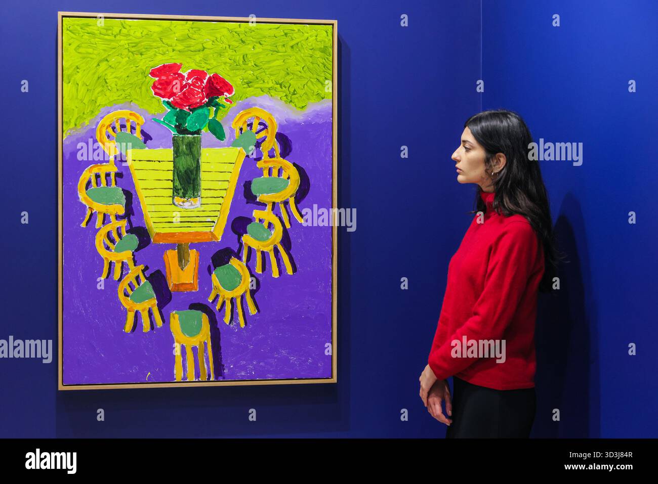 London, Großbritannien. November 2025. Personal mit Red Roses in Show, August 2025. 'Einige sehr, sehr, sehr neue Gemälde, die noch nicht in Paris gezeigt wurden' Debüts, die nie zuvor in David Hockneys Londoner Atelier in den letzten sechs Monaten fertiggestellt wurden. Die Ausstellung ist die Eröffnungsausstellung im neuen Raum von Annely Juda Fine Art auf dem Hannover Platz. Quelle: Imageplotter/Alamy Live News Stockfoto