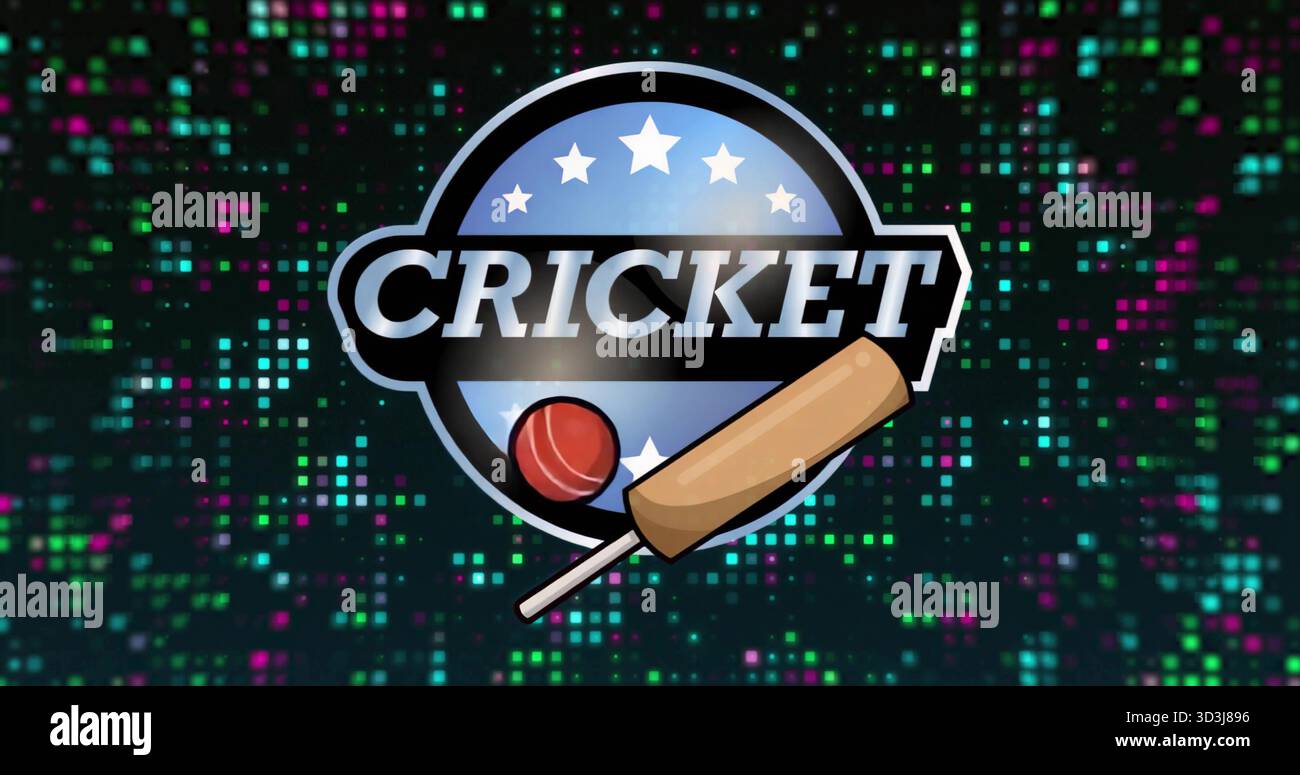 Mit Cricket-Emblem auf Pixelmatrix-Leinwand und CRICKET-Text mit Sternen, Schläger und Ball Stockfoto