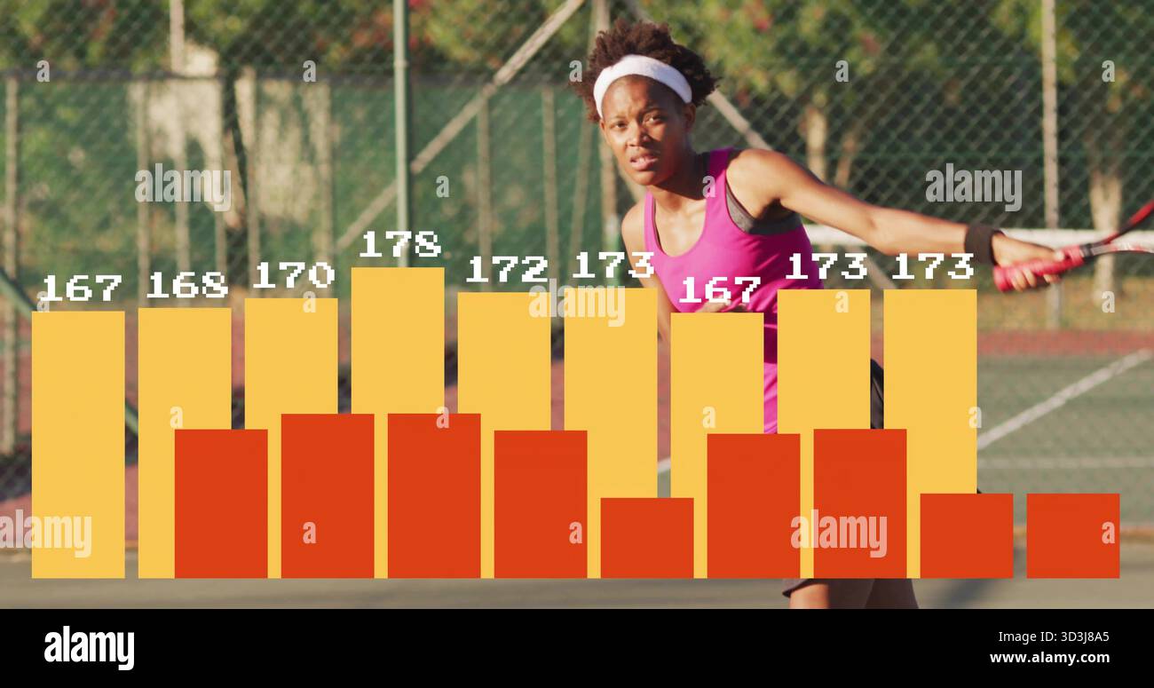 Schaukelnder Spieler mit Schläger in rosa Oberteil auf dem Tennisplatz im Freien mit Barchart-Overlay Stockfoto