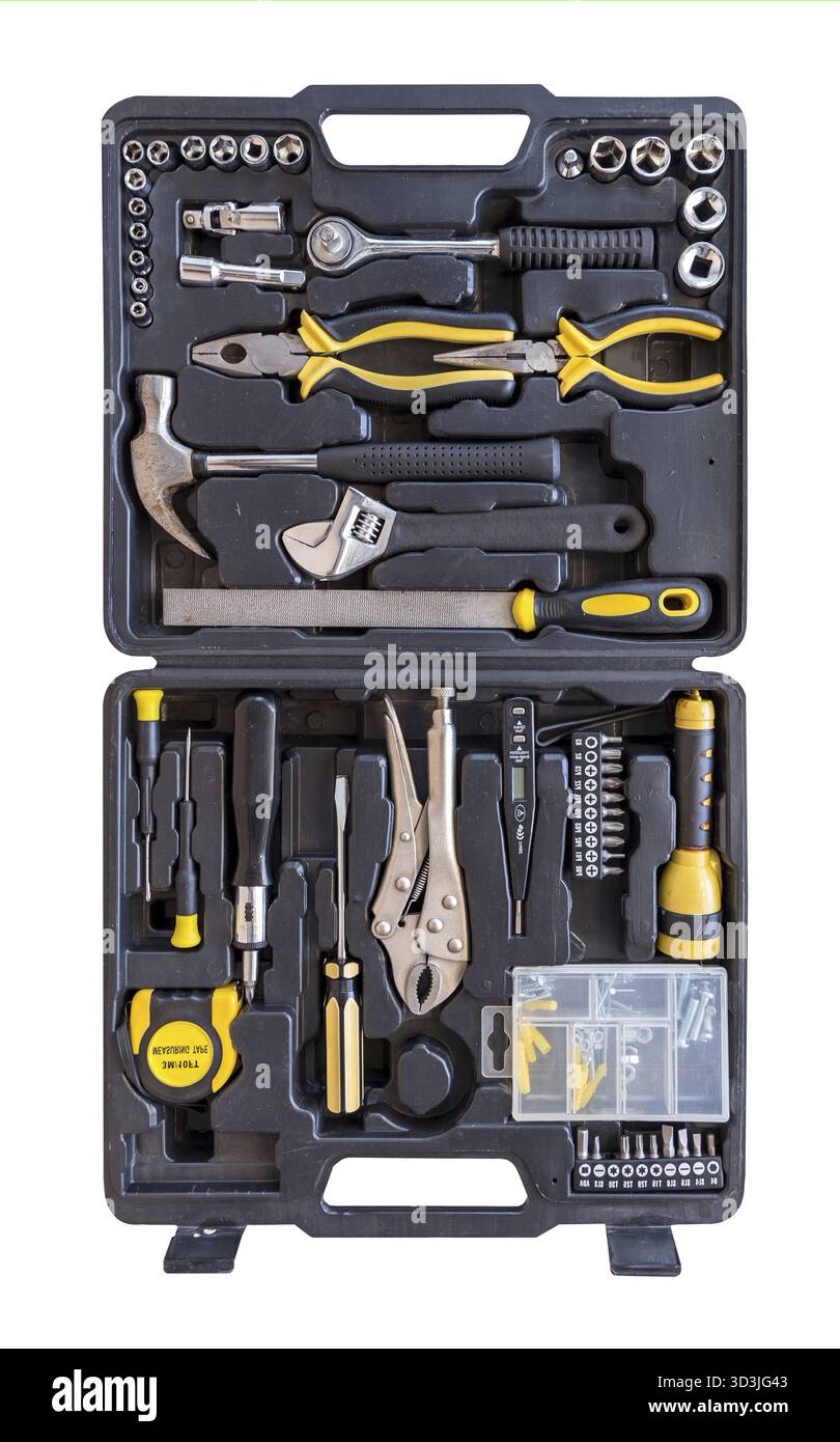 Der Werkzeugsatz umfasst einen Schraubendreher mit Hammerschlüssel, Sechskantschlüssel, Buchse, Innensechskantschlüssel Stockfoto