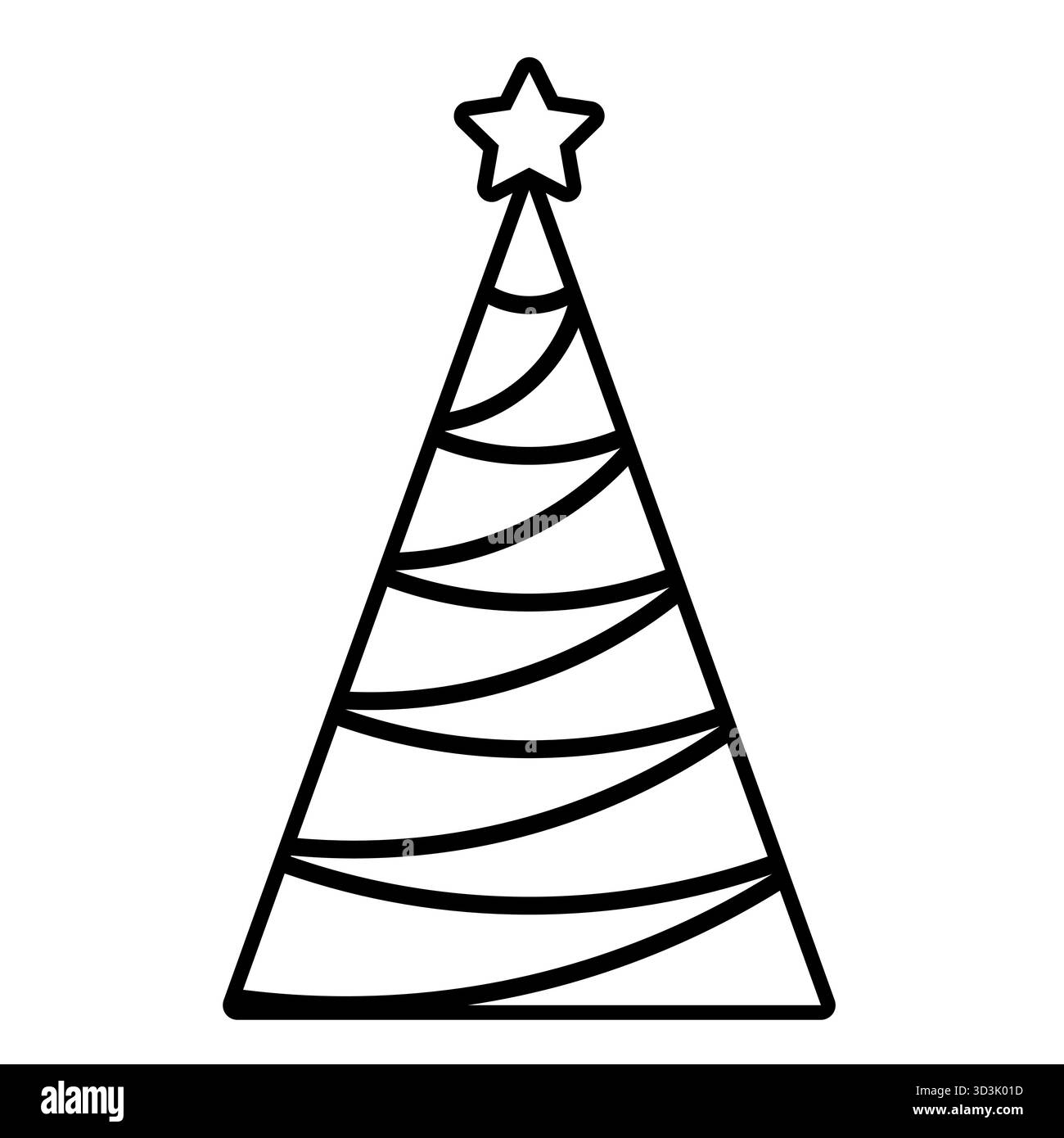 Weihnachtsbaumsymbol Icon Form, schwarz-weiße Illustration des verzierten Weihnachtsbaums mit Stern Stock Vektor