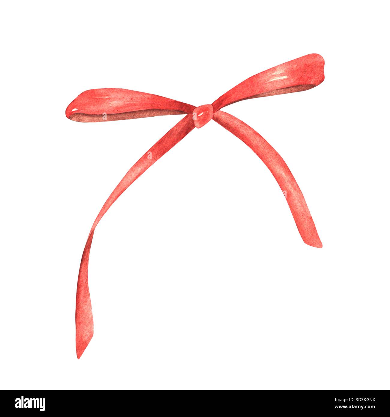 Dünne rote Schleife mit langen Bändern, handbemalt in Aquarell. Weißer Hintergrund. Isoliert. Vintage-Style. Geeignet für Postkarten, Design, Druck Stockfoto