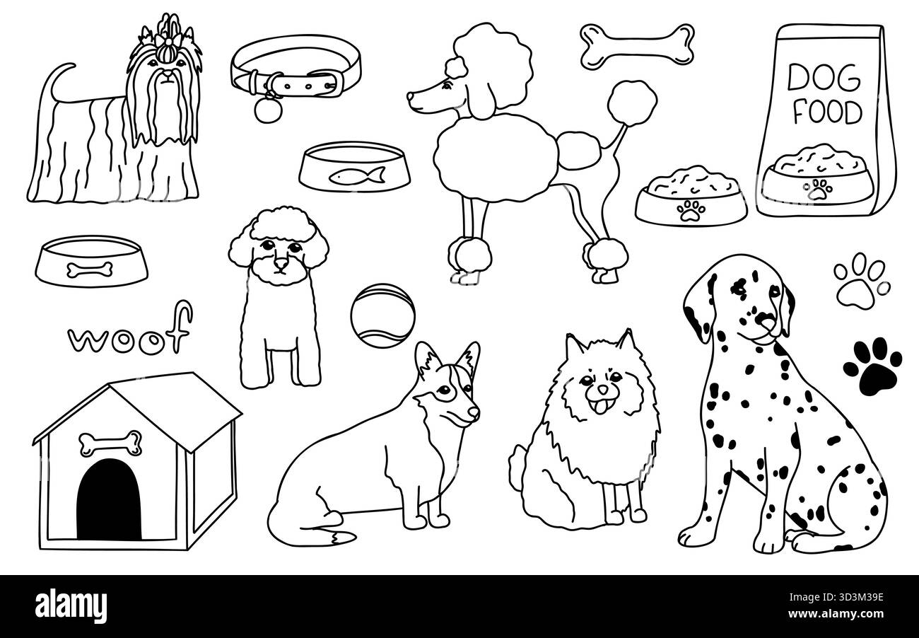 Hand gezeichnete Vektor-Doodle Set mit verschiedenen Hunden und Artikeln für Hunde Stock Vektor