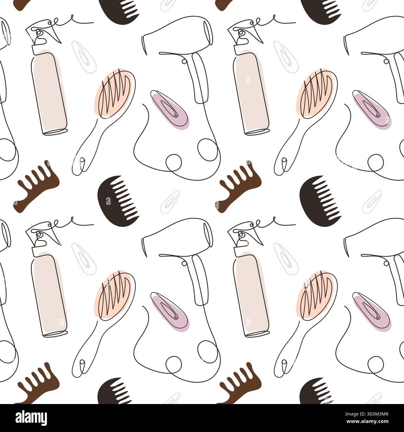 Minimalistisches nahtloses Kunstmuster mit Friseurwerkzeugen und Schönheitszubehör Vektor-Illustration für Schönheitssalon Branding, Verpackung, te Stock Vektor