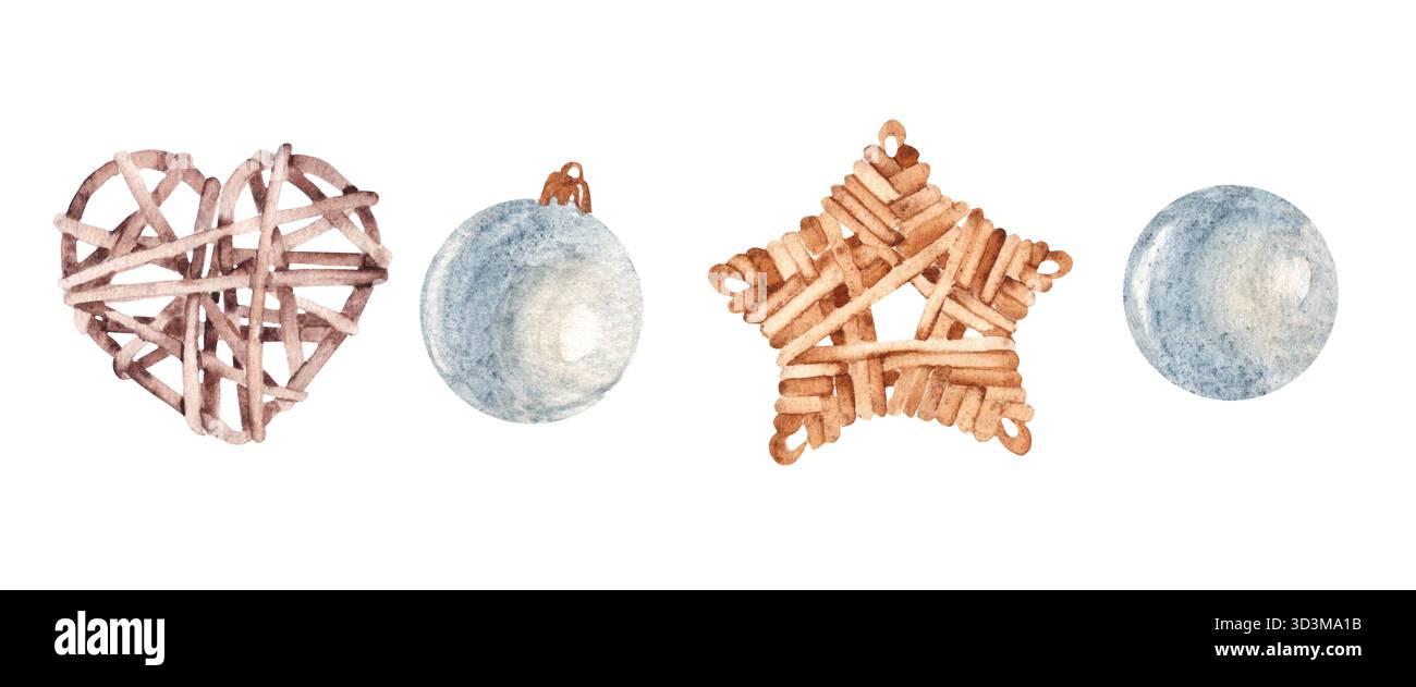 Weihnachtsspielzeug. Wicker Star und Herz aus Rattan, glasblauen Kugeln oder Kugeln. Festliche Dekoration. Aquarellabbildung isoliert auf weiß Stockfoto
