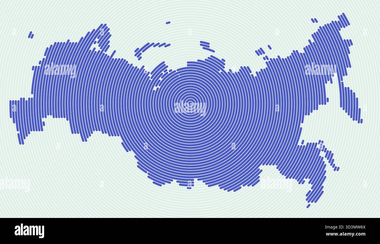 Eine Karte Russlands, die aus gestapelten Kreisen gebildet wird, die ein einzigartiges Ringmuster erzeugen und seine Grenzen definieren. Dies ist eine Vektordarstellung. Stock Vektor