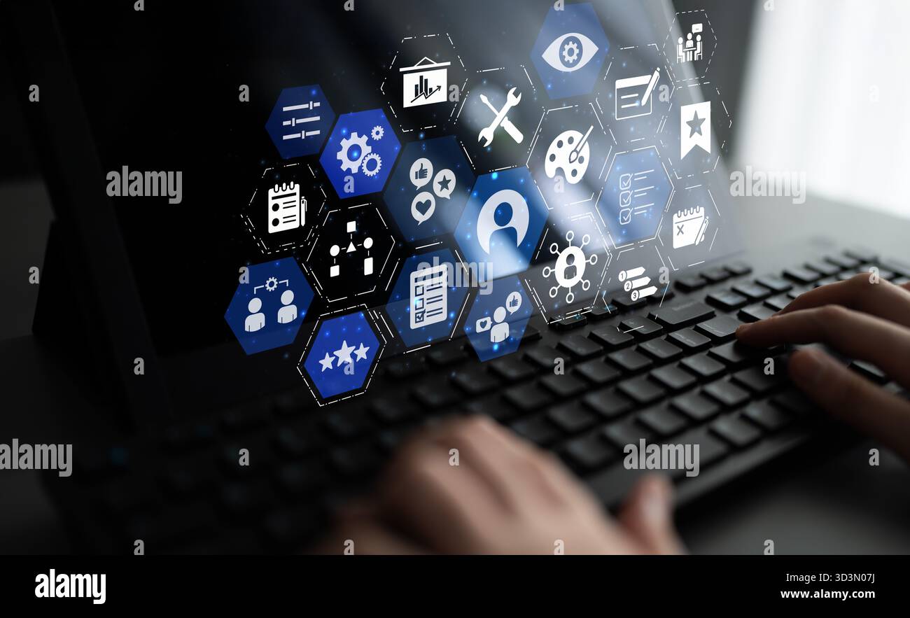 Personalisierungssymbole mit individueller Anpassung, Benutzerprofil und Design für persönliche Betreuung, Customer Journey und adaptive digitale Inhalte Stockfoto