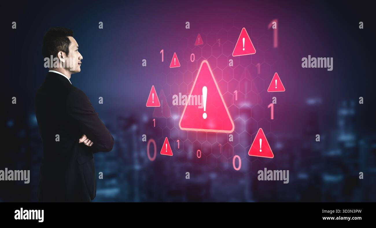 Konzept einer kritischen Sicherheitswarnung und eines Systemfehlers. Diese Warnung weist auf ein erhebliches Problem, eine Gefahr oder einen Ausfall hin, der sofort erforderlich ist Stockfoto