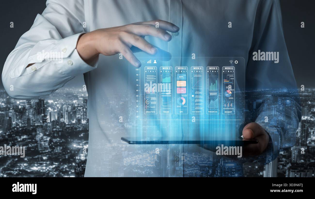 Ein wöchentlicher Business Performance-Bericht und ein Analyse-Dashboard. Ein Konzept zur Verfolgung von Trends, KPIs, Finanzdaten und Einblicken im Zeitverlauf. Motiv Stockfoto